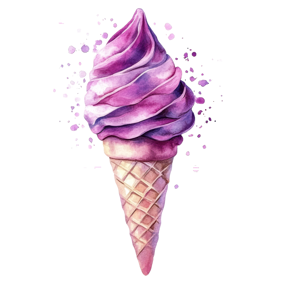 Delicious watercolor ice cream cone swirled with purple hues on a plain transparent background, ice cream on a transparent background. ice cream isolated on transparent background png