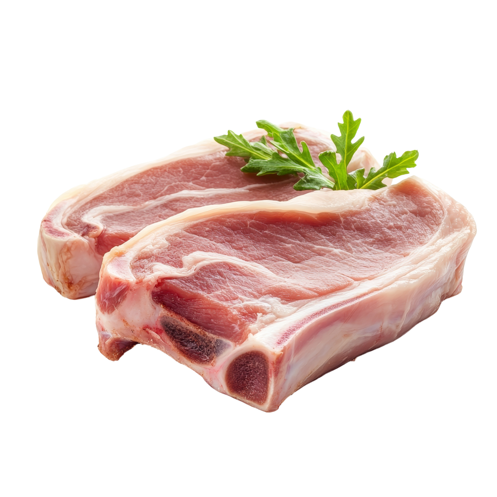 Raw pork chops with fresh garnish arranged on a clean transparent background for culinary presentation, Raw pork on transparent background png