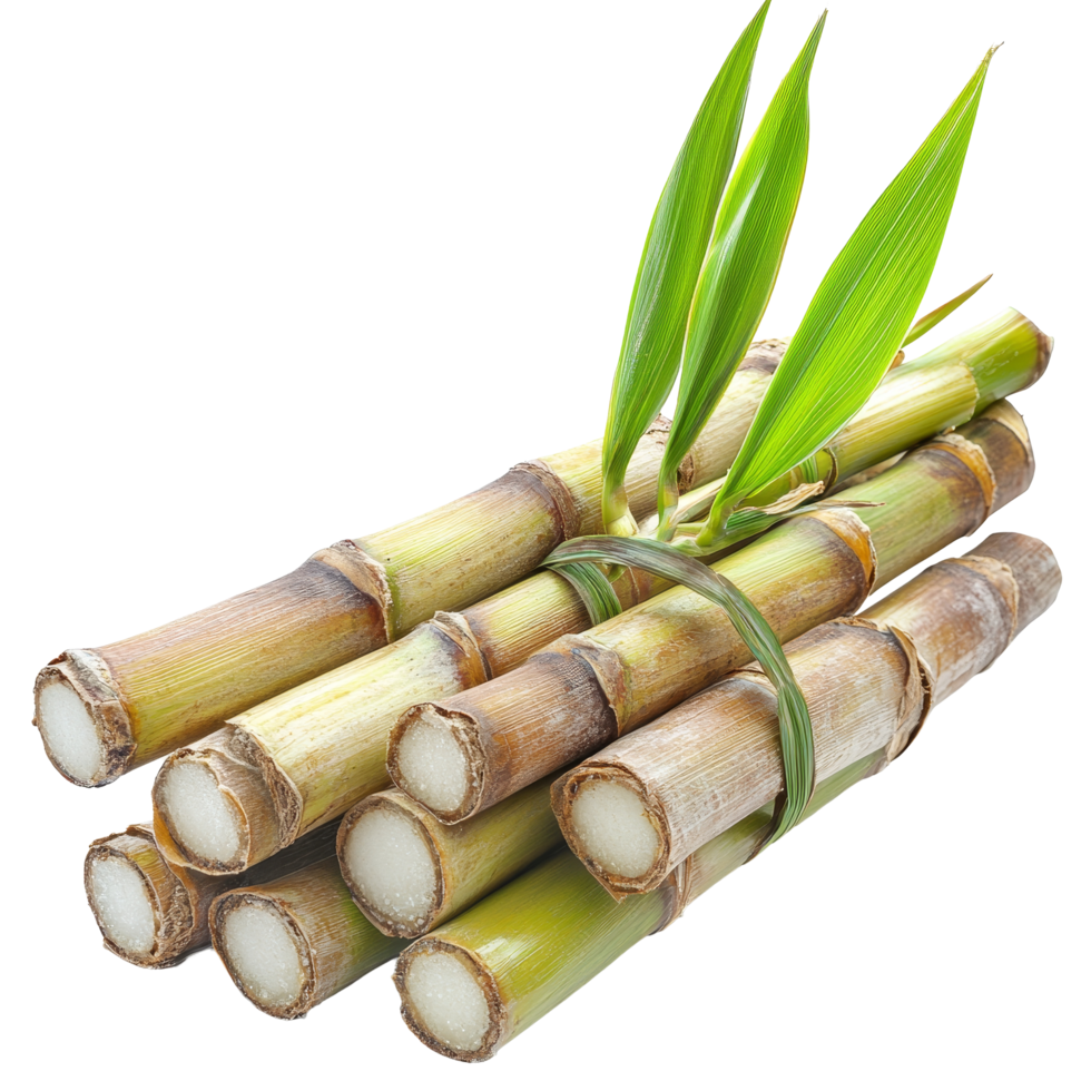 Freshly harvested sugarcane stalks with green leaves on a transparent background representing natural agriculture, sugarcane on transparent background png