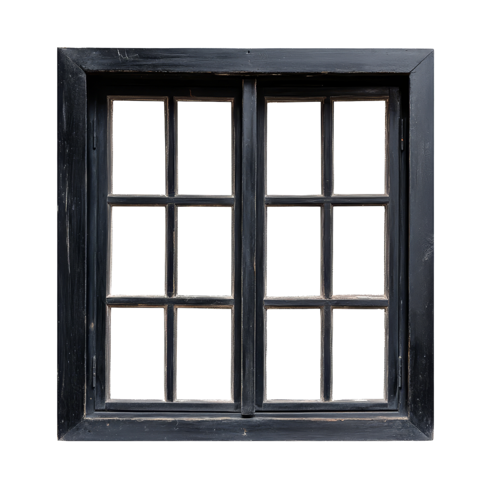 Elegant black vintage wooden window frame isolated on a clean transparent background, black vintage wooden house window frame isolated on transparent background png