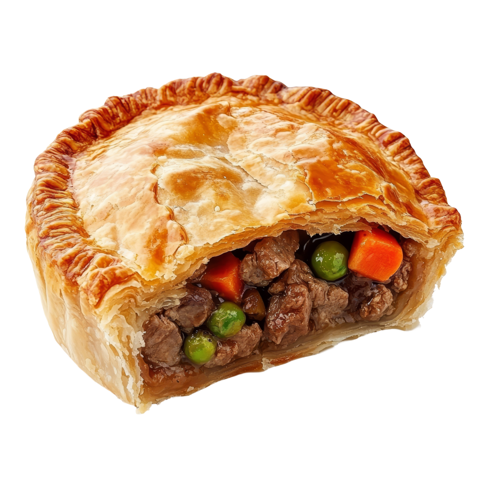 Savory fresh meat pie with vegetables served on a plain transparent background, Fresh tasty meat pie on a transparent background png