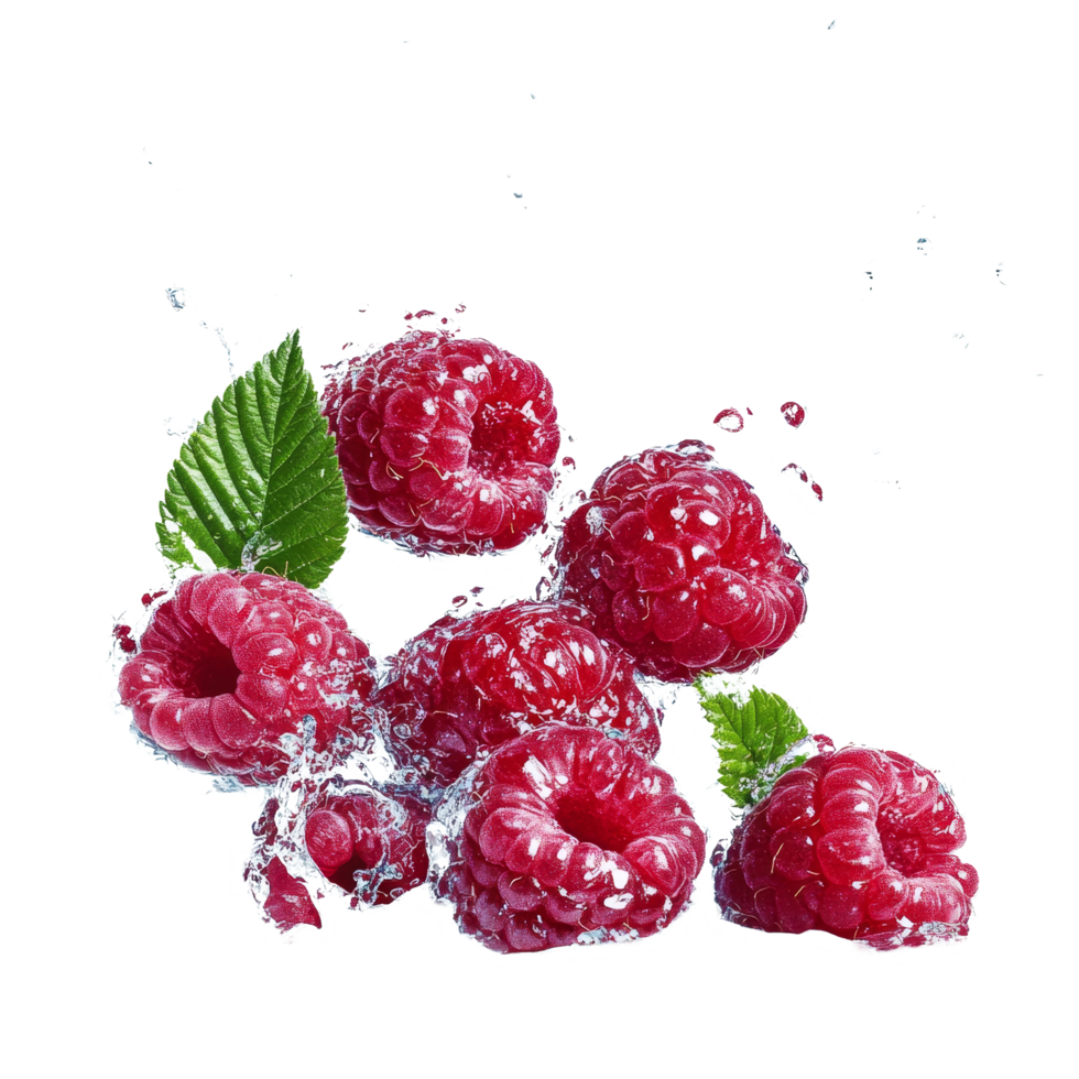Ripe raspberries making a splash in clear water isolated against a transparent background, raspberries splashing into waterisolated on transparent background png