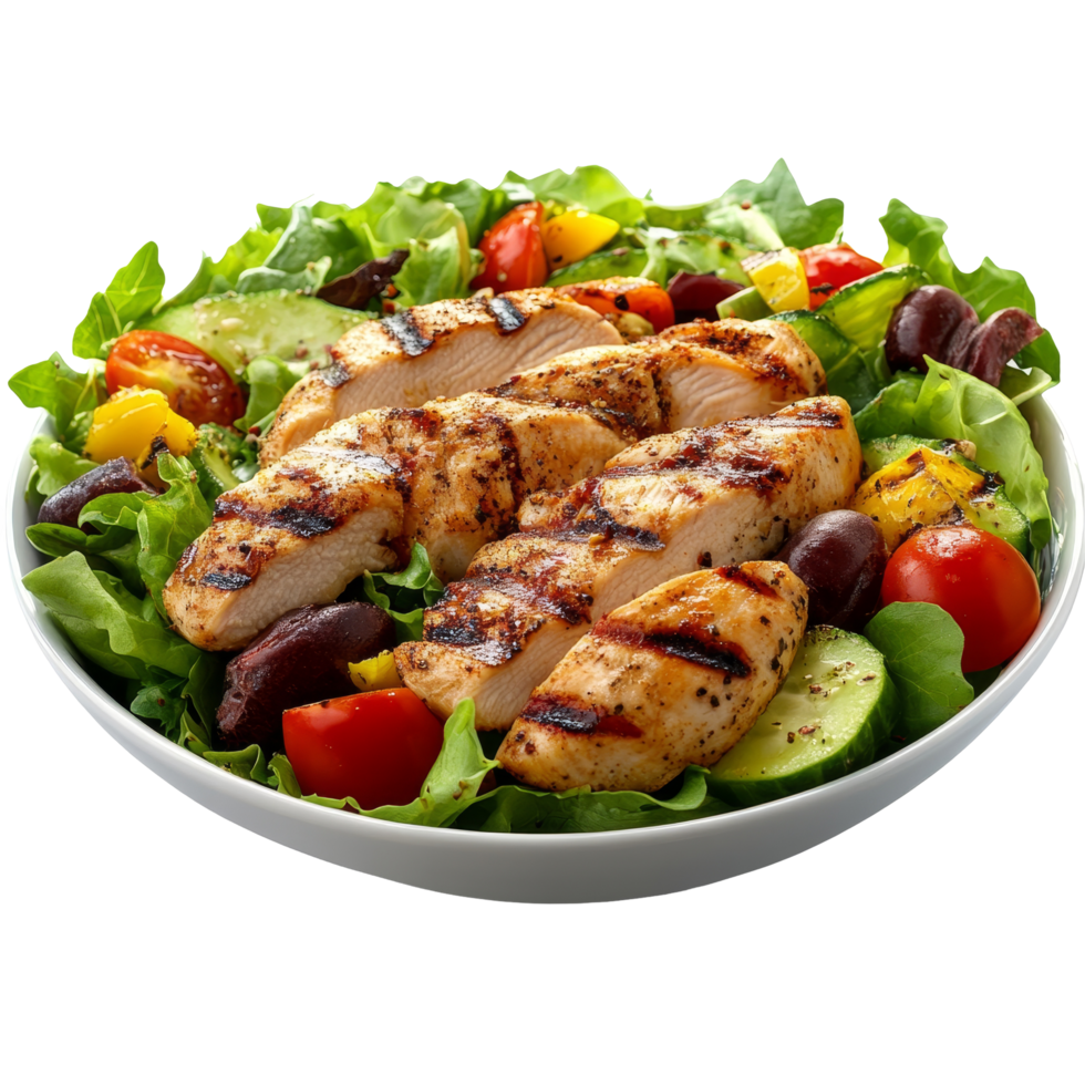 Warm grilled chicken salad served in a bowl with fresh vegetables and greens, perfect for a healthy meal, Isolated portion of warm chicken grilled salad png