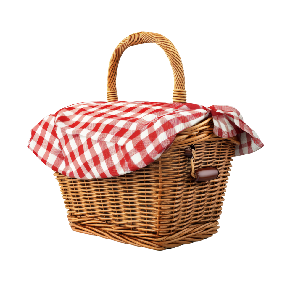 A classic wicker picnic basket with a red checkered cloth sitting on a transparent background, perfect for outdoor gatherings, Picnic basket isolated on transparent background png