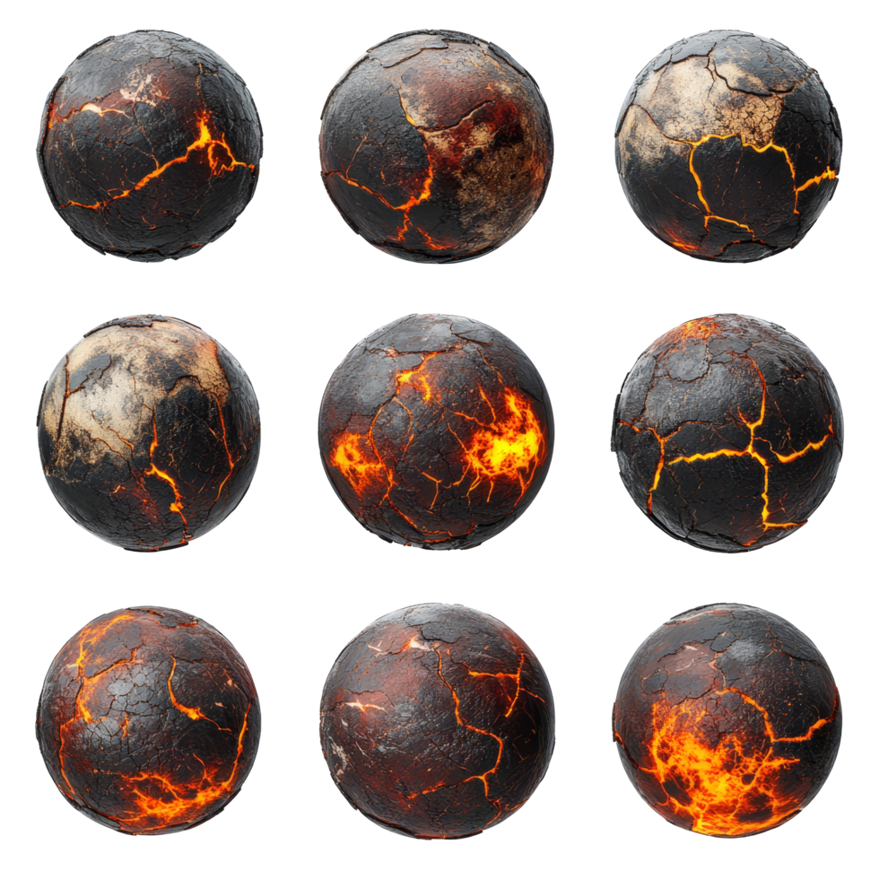 Charred celestial bodies with fiery cracks, depicting the aftermath of burnt planets in an abstract, Set Burnt Planets, Charred Celestial Bodies with Fiery Cracks, Isolated on transparent background png