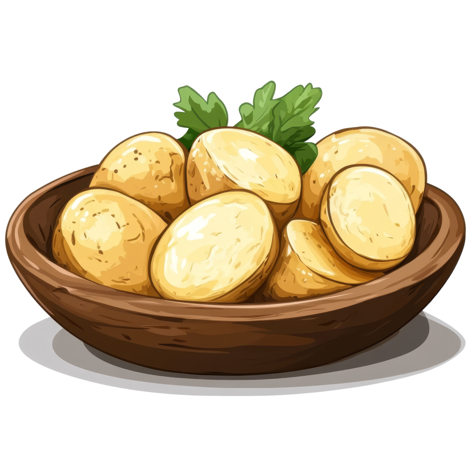 Freshly prepared potato slices arranged on a wooden plate with a garnish on a transparent background, potato in plate isolated on transparent background png