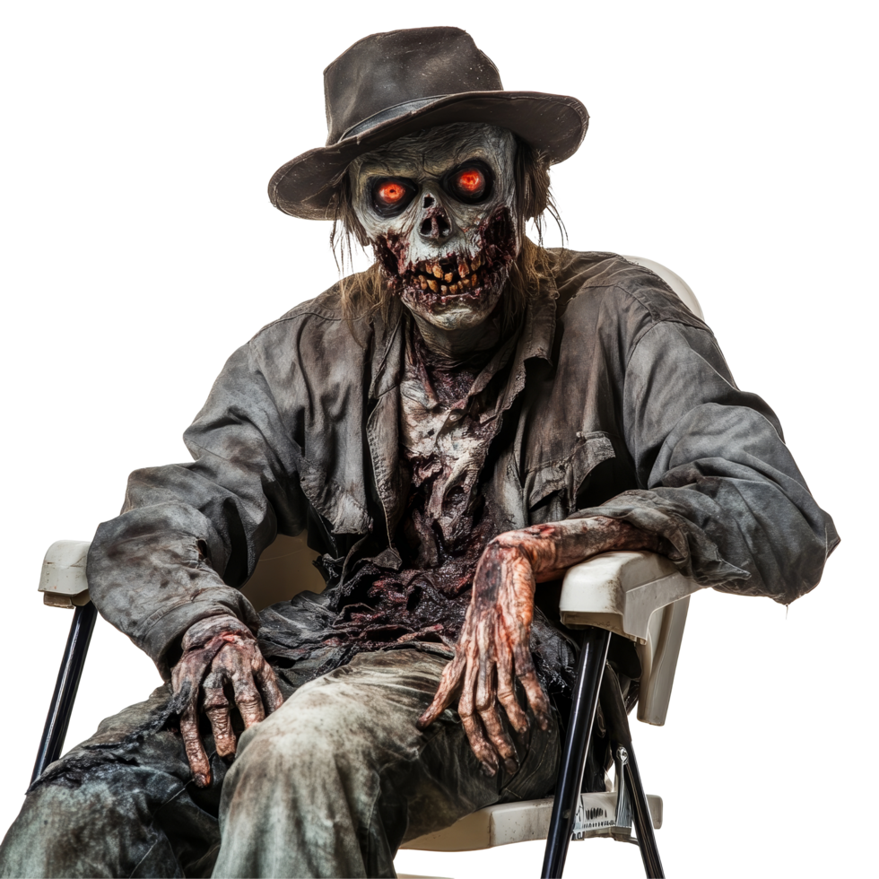A menacing zombie in a hat sitting on a chair, showcasing its eerie features in a dimly lit environment, Scary zombie wearing hat and sitting in a chair on transparent background png