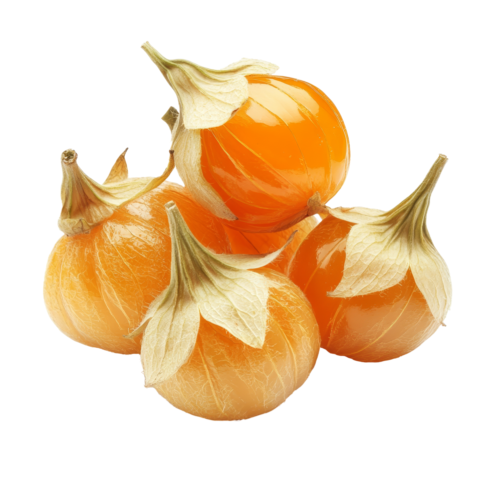 Cape gooseberries stacked on a transparent background showcasing their vibrant color and distinct husk at an angle, cape gooseberry on transparent background png