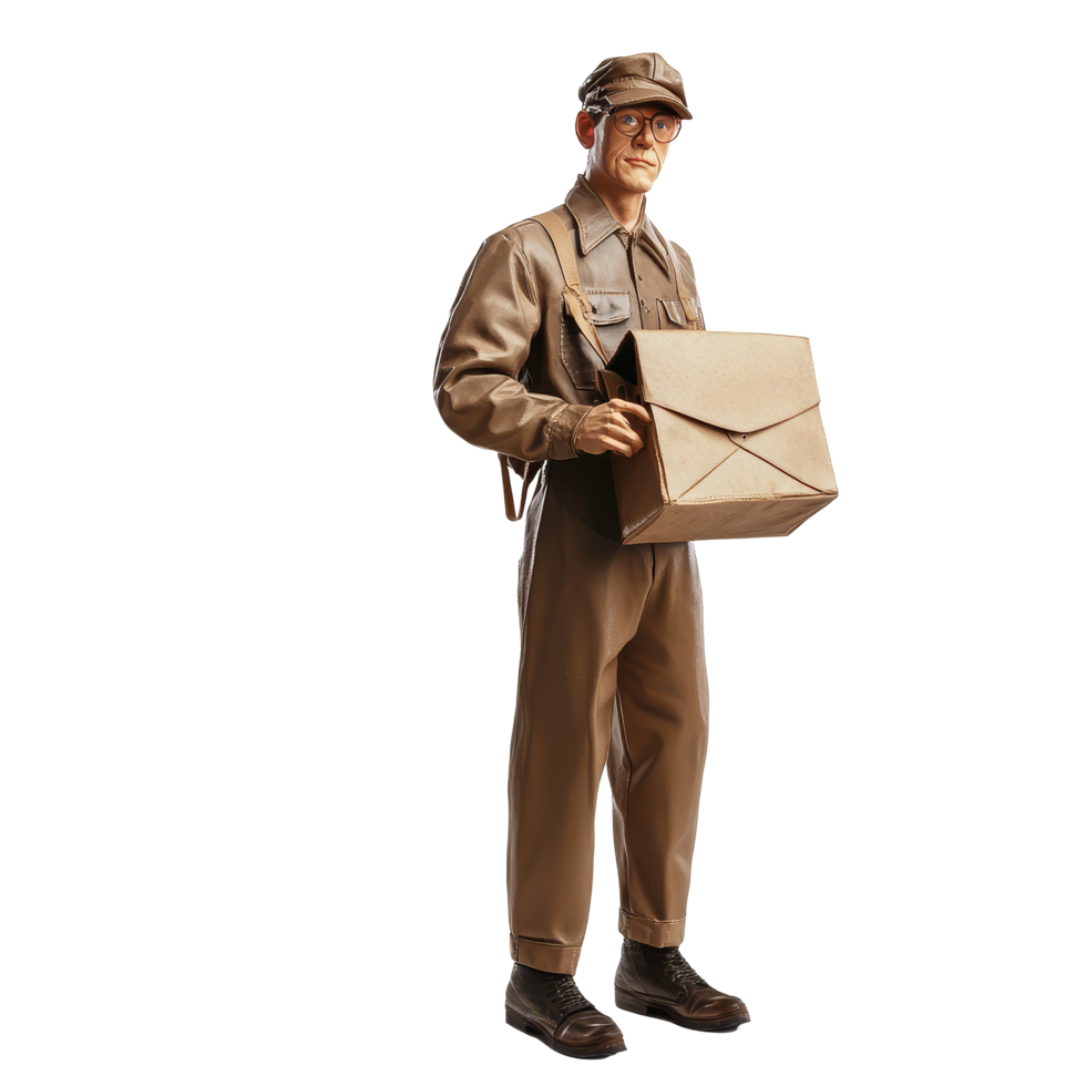 A mailman in a uniform holding a package stands against a transparent background during daylight, Mailman isolated on transparent background png