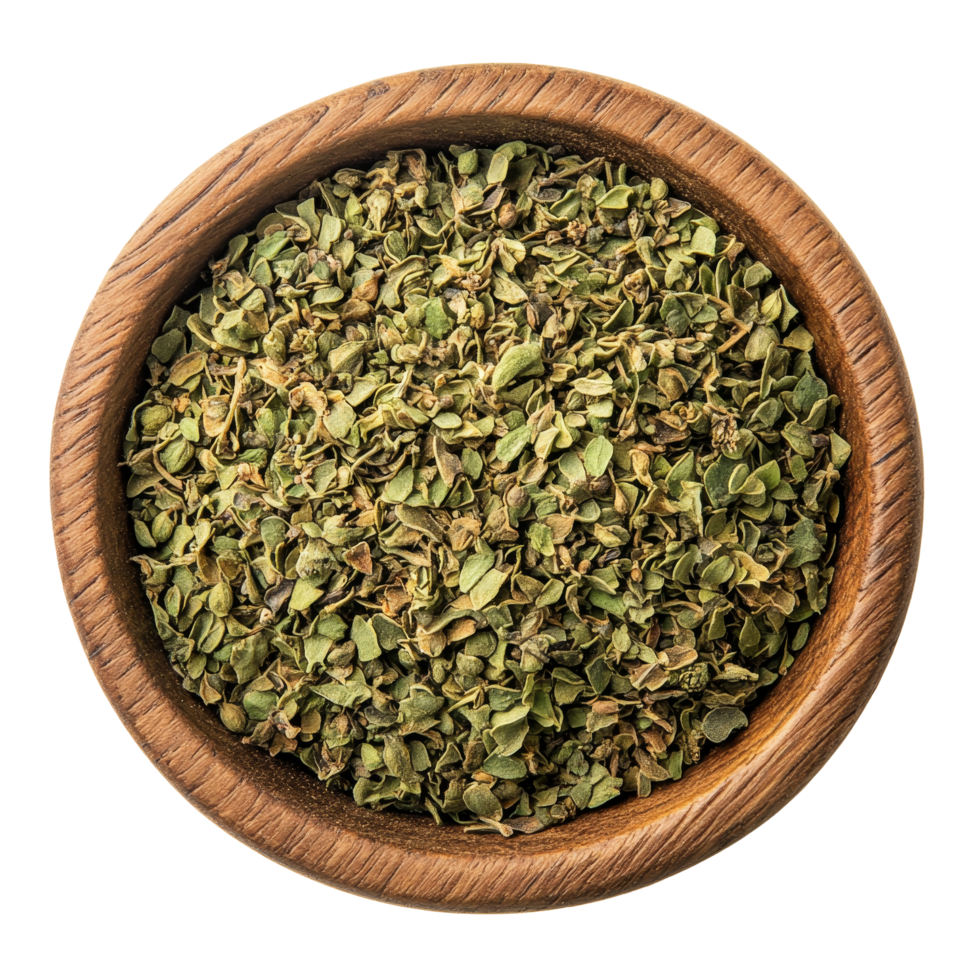 Dried oregano spice in a wooden bowl on a clean transparent background showcasing natural culinary ingredients, Oregano spice in wood bowl on transparent background png