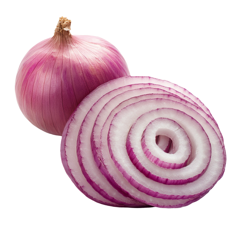 Sliced red onion with whole onion isolated on transparent background for culinary use and presentation purposes, Onion sliced isolated on transparent background png