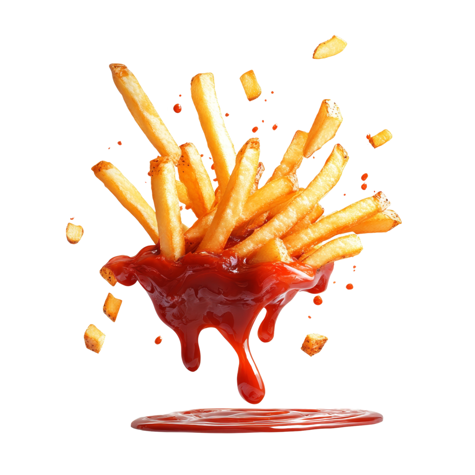 Flying French fries with a splash of ketchup in a clean, isolated setting, showcasing a playful food moment, Flying french fries with ketchup splash isolated png