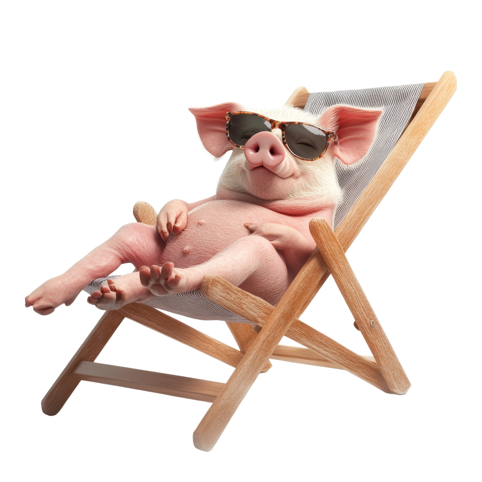 A cheerful pig lounging on a deckchair under the sun, enjoying a relaxing holiday vibe, happy pig relaxing on a deckchair holiday concept, transparent background png