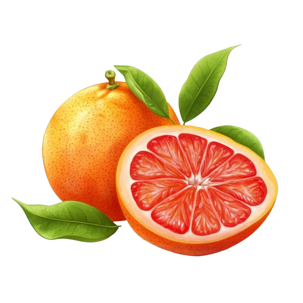 Fresh grapefruit with vibrant leaves isolated on a transparent background in natural lighting showcasing its juicy interior, Grapefruit with leaves isolated on transparent background png