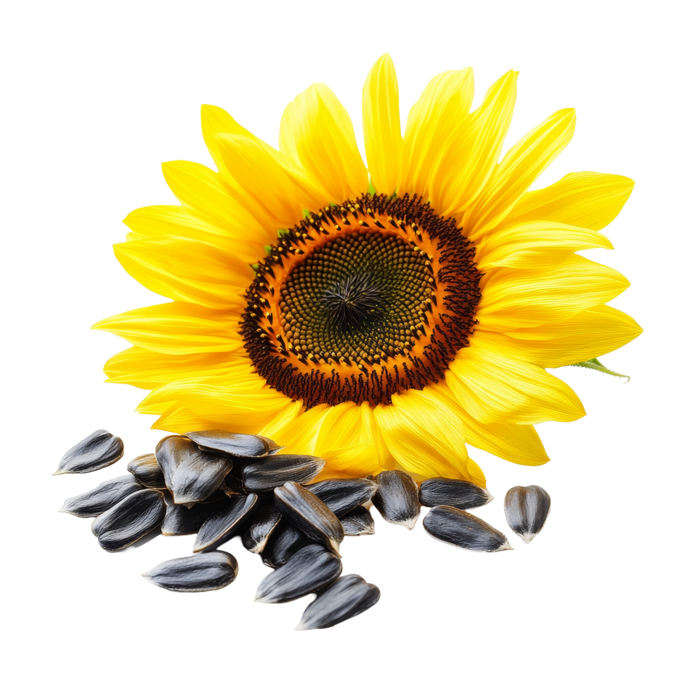 A vibrant sunflower flower with scattered seeds isolated on a transparent background, Sunflower seed isolated on transparent background png