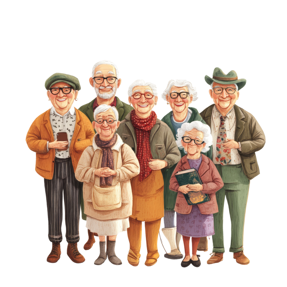 A diverse group of happy elderly individuals posing together in a cheerful gathering on a sunny day, diversified group of happy old people, file of isolated object on transparent background png