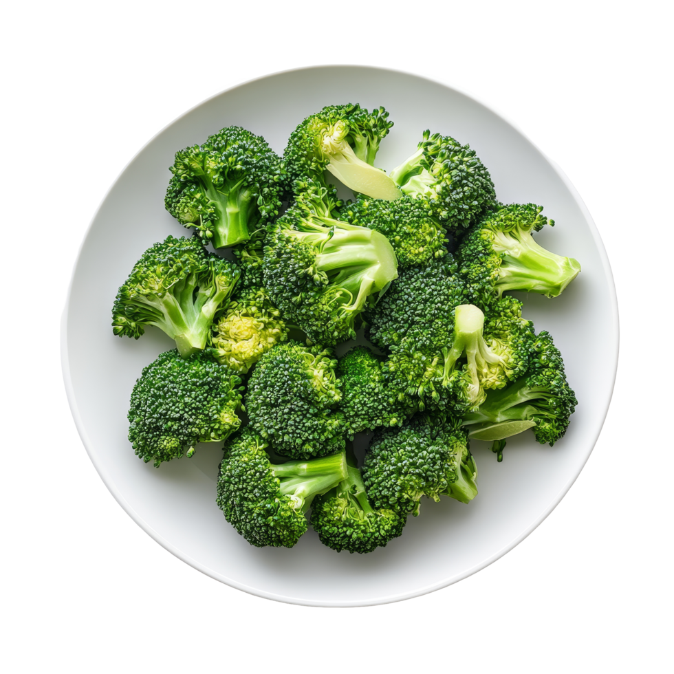 Freshly harvested broccoli arranged on a transparent plate against a clean background, Broccoli in plate on transparent background png