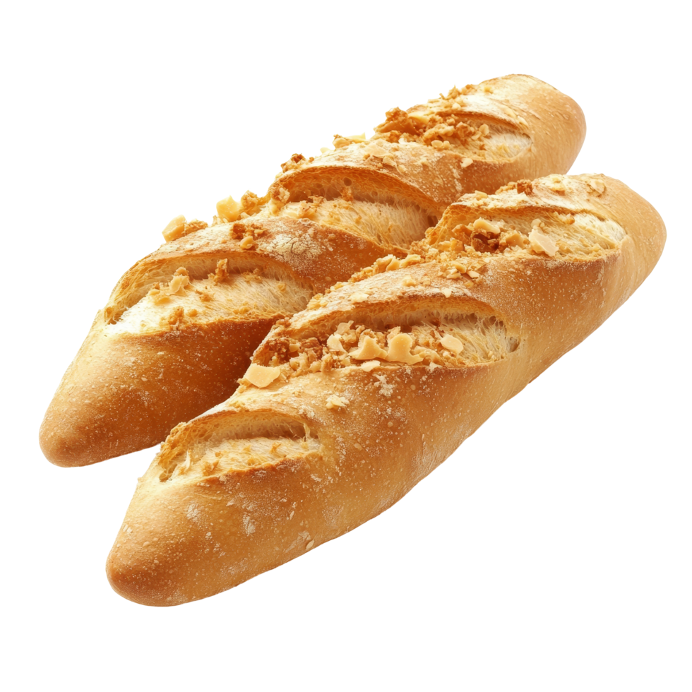 Freshly baked baguette with delectable crumbs on a transparent background, Fresh Baguette with Crumbs isolated on transparent background png