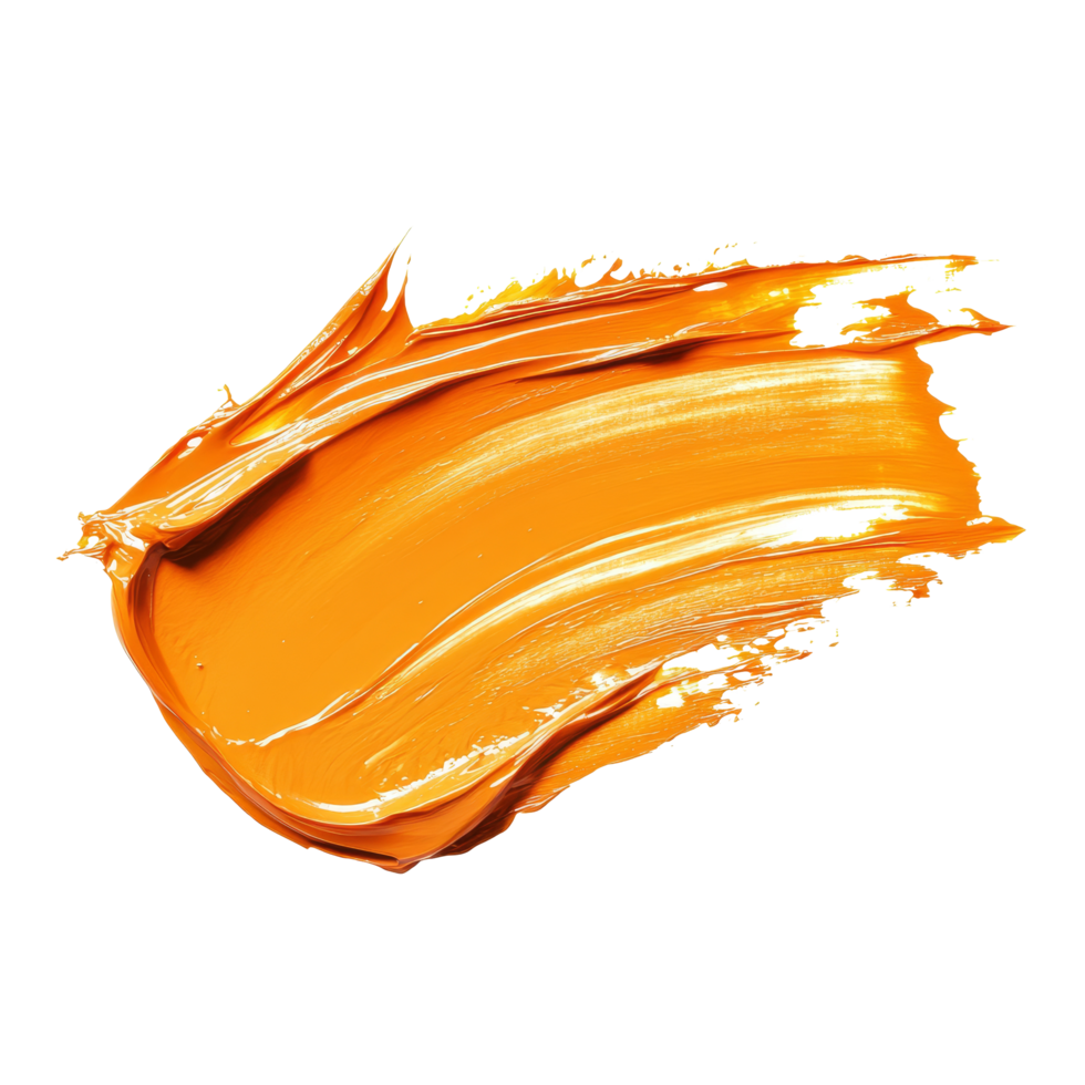A vibrant stroke of thick orange oil paint on transparent canvas displays dynamic texture and bold color, thick voluminous stroke of orange oil paint, file of isolated object on transparent background png