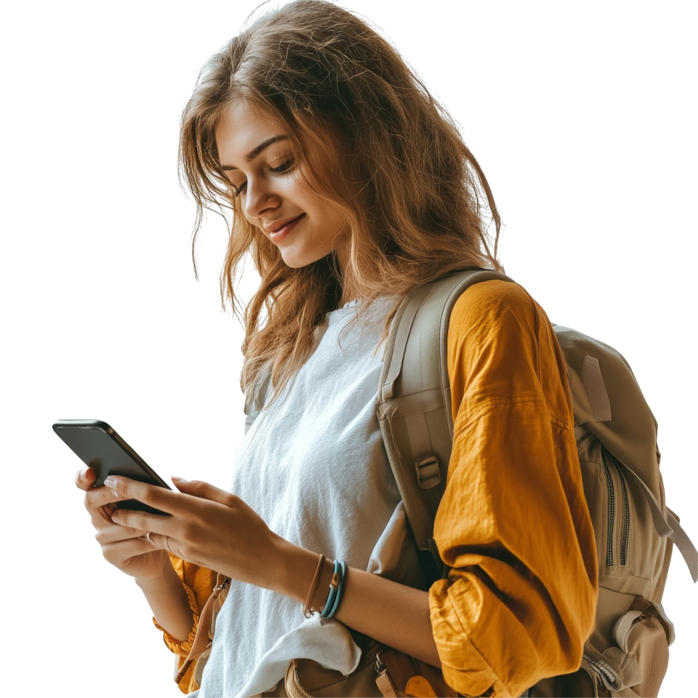 Woman exploring new destinations while using a smartphone during her travels, file no background Woman traveling and using a smartphone png