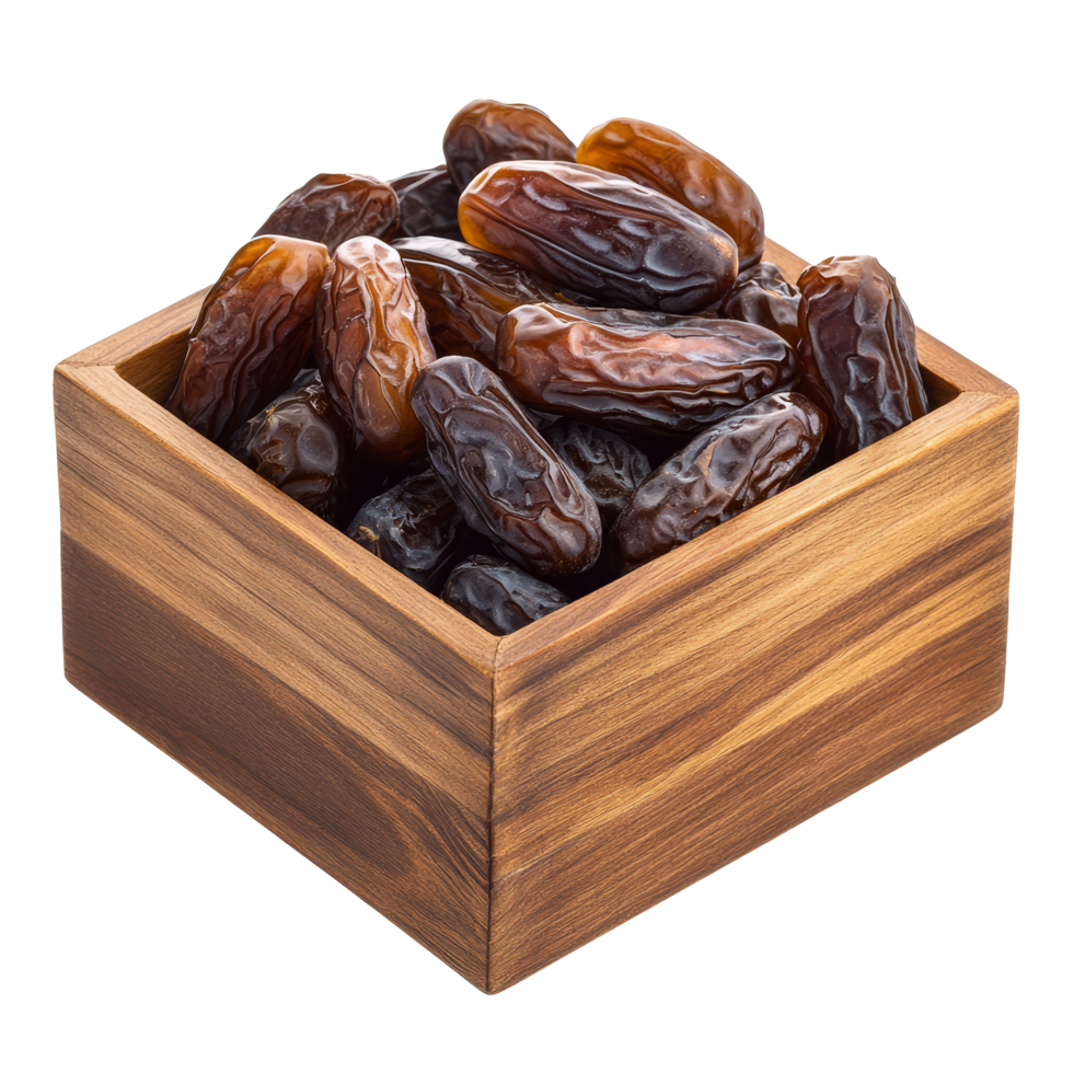 A wooden box filled with fresh dates on a transparent background highlighting natural sweetness and texture, wooden box of date fruitsisolated on transparent background png