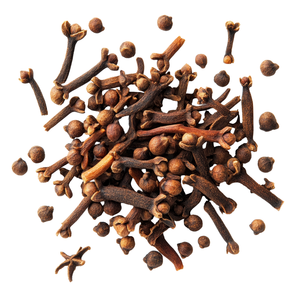 Cloves spices scattered on a transparent background, showcasing their rich texture and distinct shape, perfect for culinary and medicinal uses, cloves spices on transparent background png