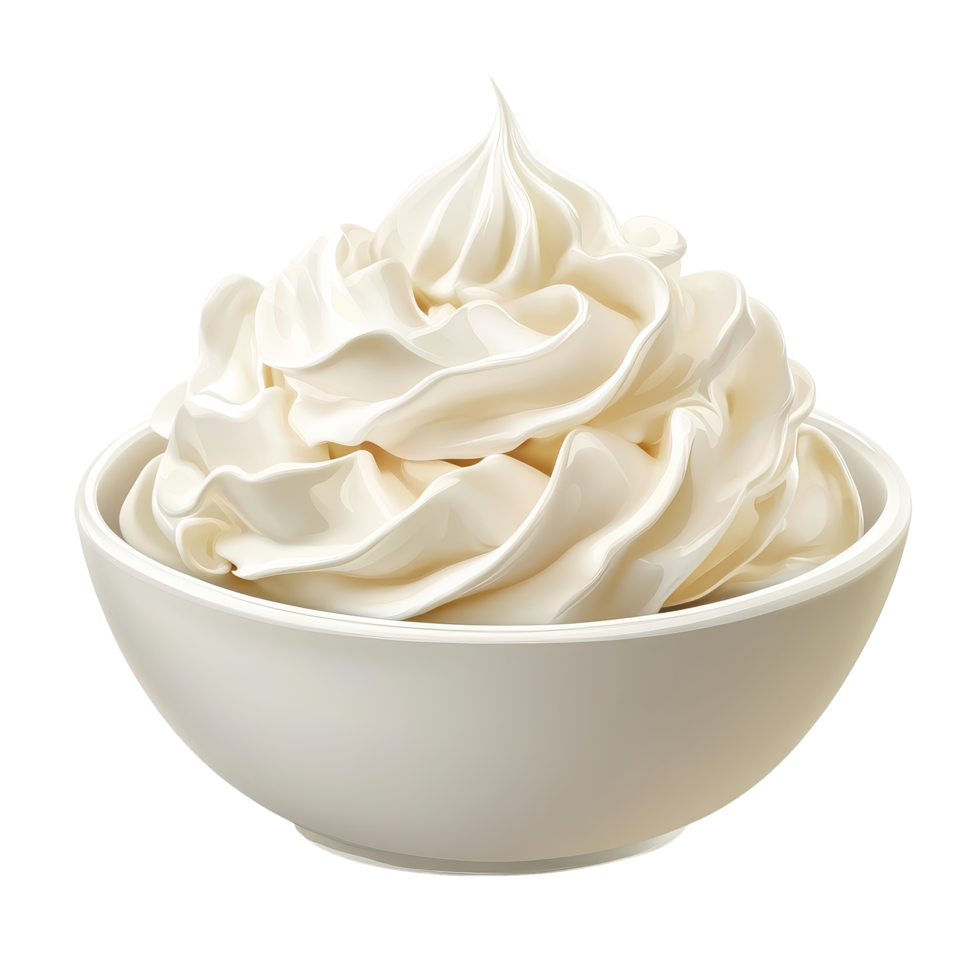 Fluffy whipped cream topping served in a transparent bowl against a clean transparent background for dessert decoration, Fluffy Whipped Cream Topping isolated on transparent background png