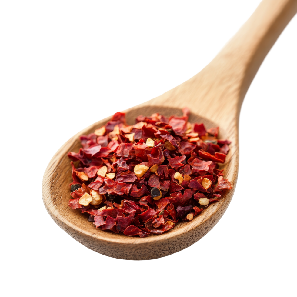 A wooden spoon filled with dried red pepper flakes against a clean transparent background for culinary use, pile of red pepper in wood spoon on transparent background png