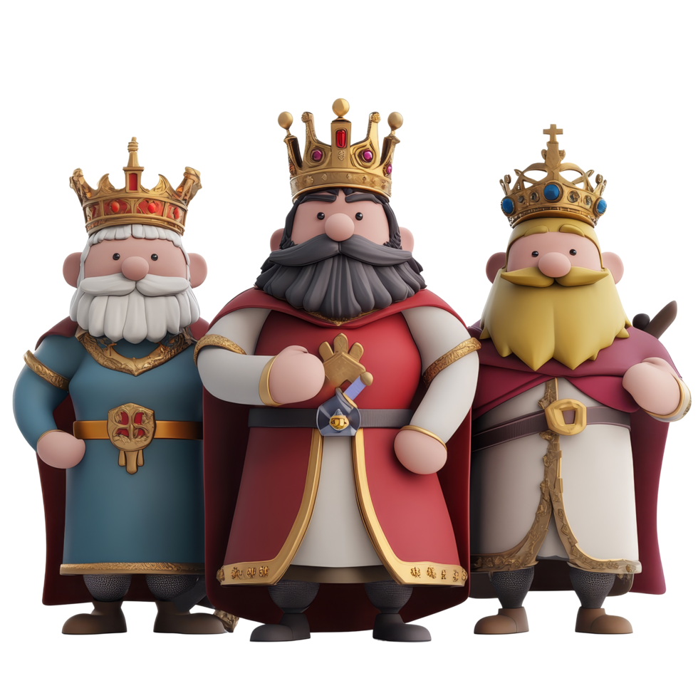 Charming cartoon kings display royal attire against a transparent background, 3D Cartoon Kings Characters on transparent background png