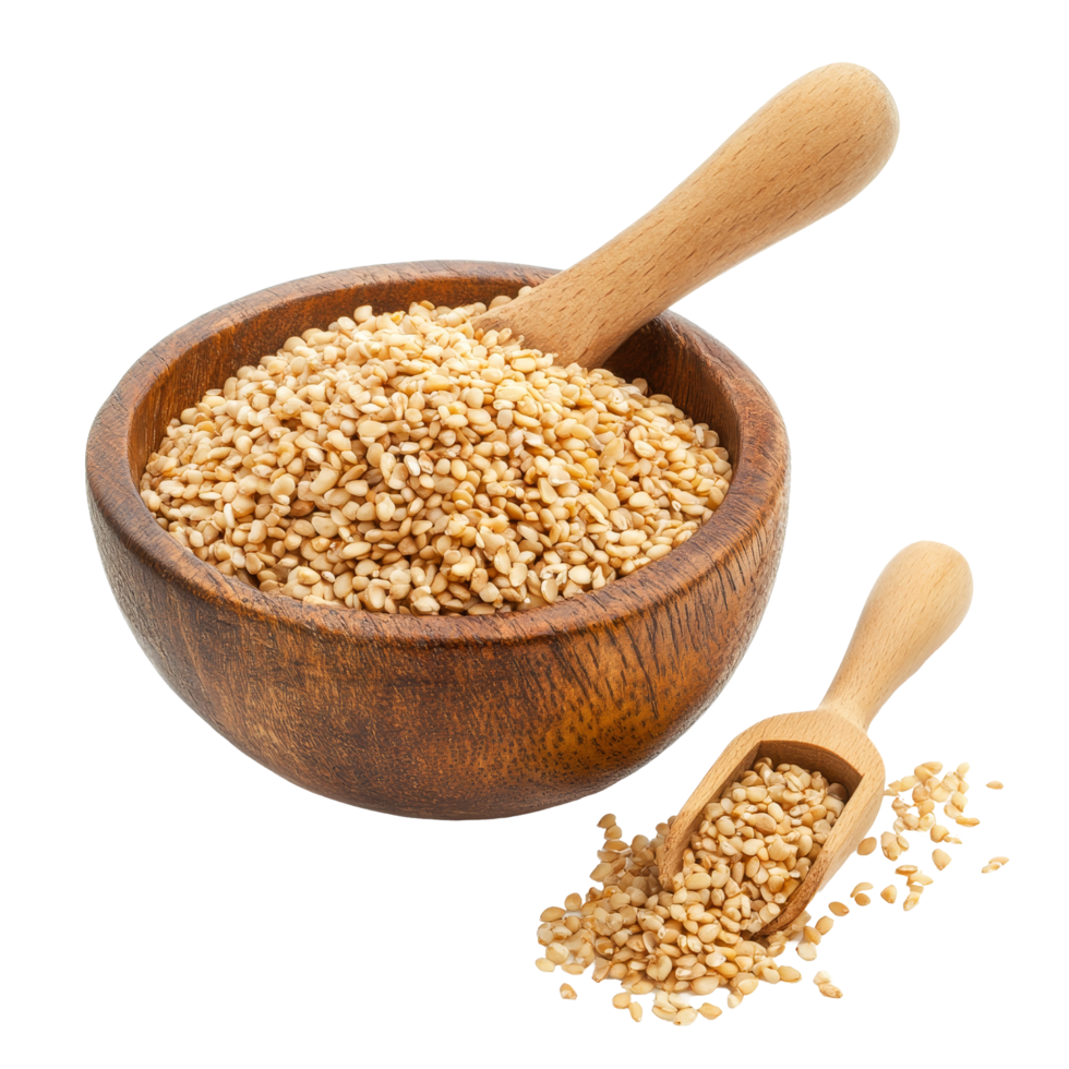 Fresh sesame seeds in a wooden bowl with a scoop on a clean transparent background ready for culinary use, Sesame in wood bowl and scoop isolated on transparent background png