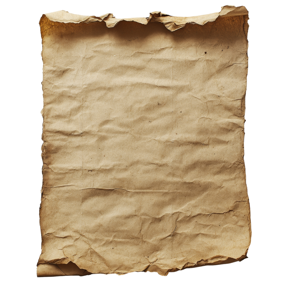 Old piece of paper with creased edges and a textured surface isolated against a transparent background, Old Paper Sheet Isolated on transparent background png