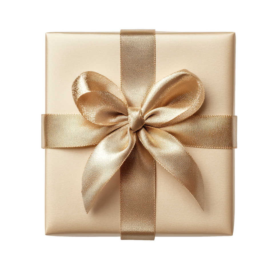Elegant gold ribbon beautifully tied on top of a gift box isolated on a transparent background for festive occasions, Top view of gold ribbon on gift box isolated on transparent backgroundfile png