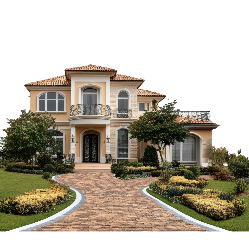 Elegant twostory residential property with landscaped garden and brick pathway in suburban setting, file no background Real estate promotional banner with copy space png
