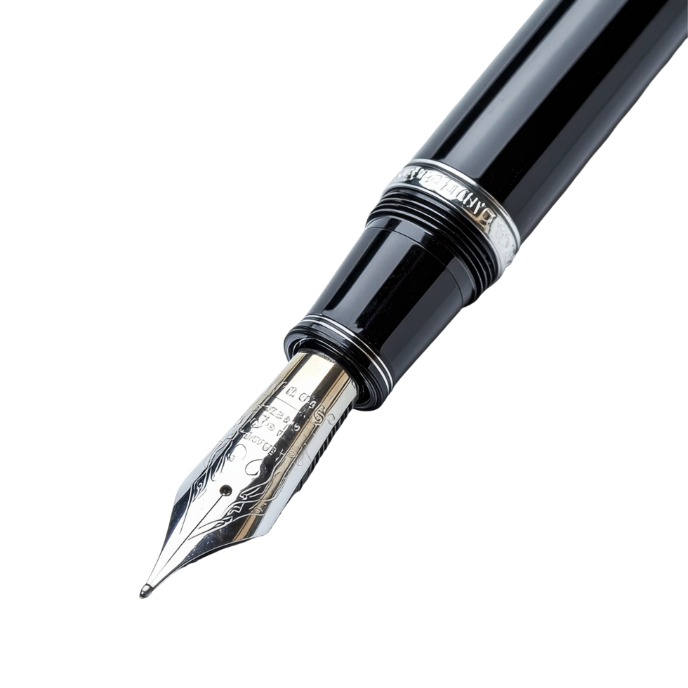 A closeup view of a sleek black fountain pen with a reflective nib resting on a transparent background, showcasing its elegant design and craftsmanship, close up of pen on transparent backgroundfile png