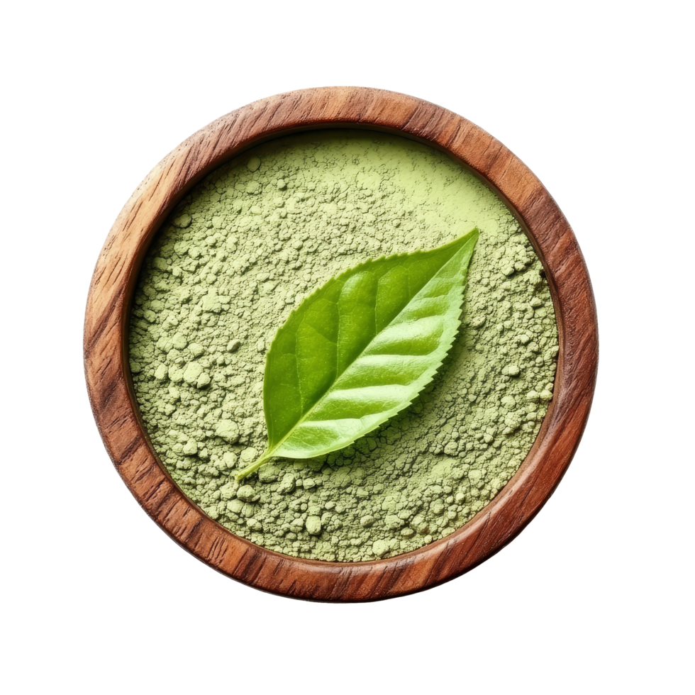 Instant matcha green tea powder displayed in a wooden bowl with a fresh leaf on top, perfect for a refreshing drink, instant matcha green tea in wood bowl with leaf on transparent background png