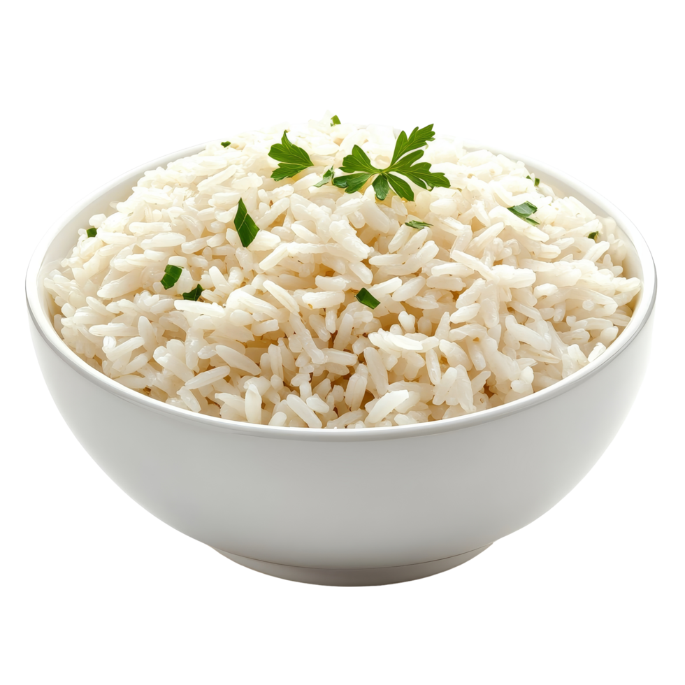 Deliciously cooked jasmine rice in a transparent bowl garnished with fresh herbs on a simple transparent background, Cooked Jasmin Rice in transparent bowl on transparent background png