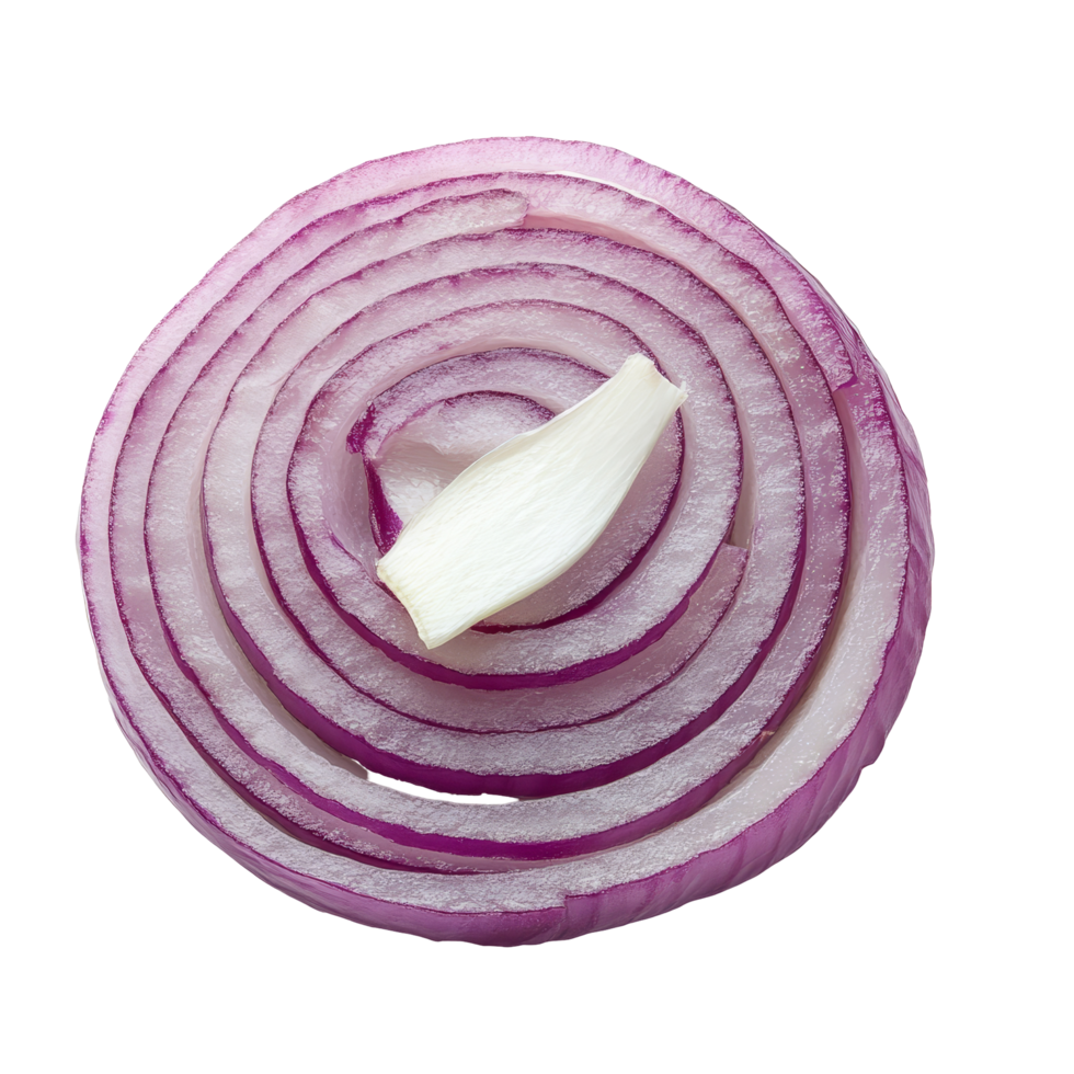 Sliced red onion rings arranged neatly on a transparent background for culinary presentation or recipe use, sliced onion on transparent background png