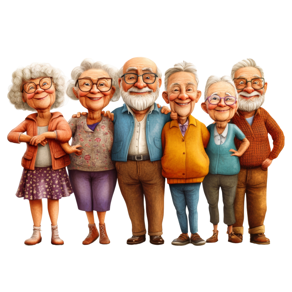A joyful gathering of diverse elderly friends enjoying time together in a lively setting, diversified group of happy old people, file of isolated object on transparent background png