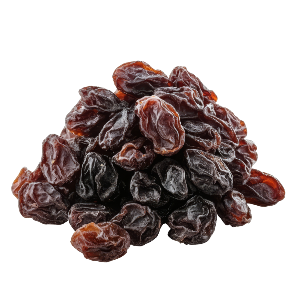 Dried raisins piled on a clean transparent background showcasing rich textures and deep color, Dried raisins isolated on transparent background png
