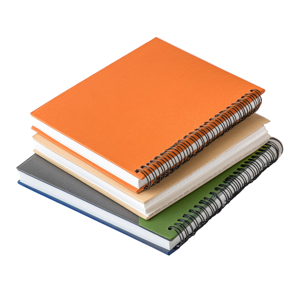 Colorful paper notebooks stacked neatly on a transparent background for office use and organization, Paper notebooks for office work on transparent backgroundfile png