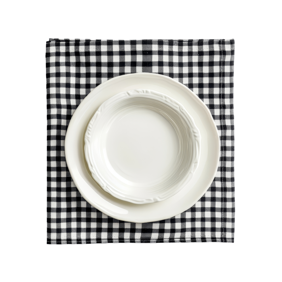 Top view of a checkered tablecloth with transparent plates neatly arranged for a dining experience, Top view checkered tablecloth and plate on transparent backgroundfile png