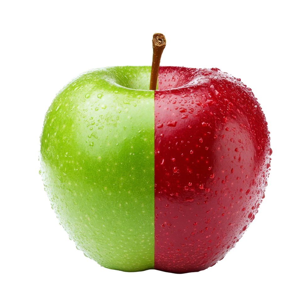 A vibrant half red and green apple showcases fresh and juicy fruit appeal against a clean transparent background, half red and green apple isolated on transparent background png