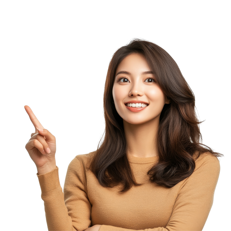 Smiling Asian woman pointing to the side with enthusiasm in a bright studio setting, Asian Smiling woman pointing finger to the side with copy space isolated transparent background png