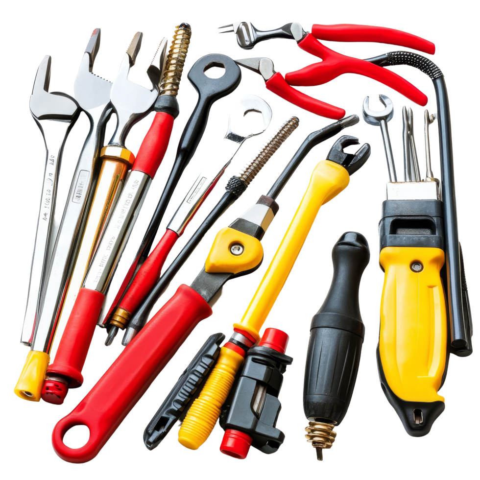 A collection of electrician tools laid out for efficient use in residential and commercial electrical work, Group of electrician tools isolated png