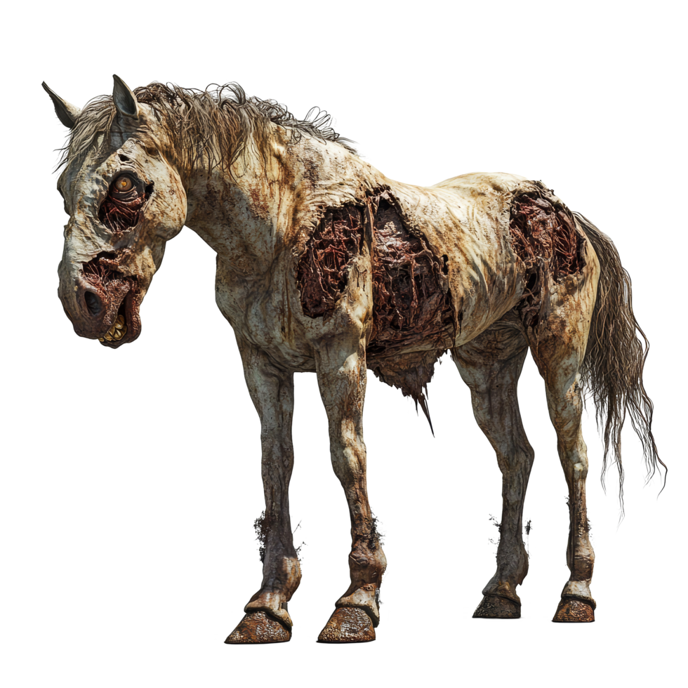 A surreal depiction of a zombie horse standing alone against a stark transparent background in an eerie atmosphere, Zombie horse isolated on transparent background png
