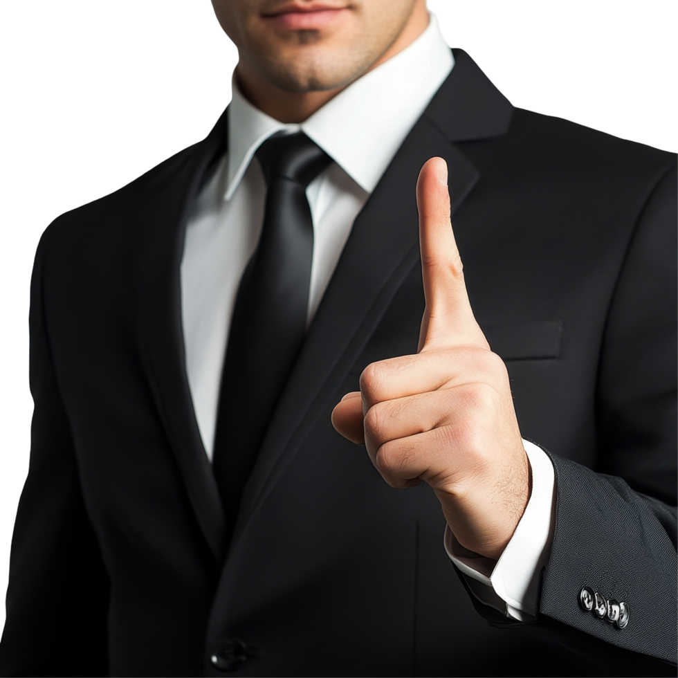 Businessman in a black suit and transparent shirt points with one finger, conveying importance in a professional setting, simple transparent business man with black tie pointing with finger png