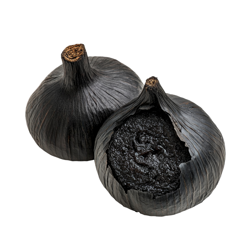 Black garlic on a transparent background highlights its unique texture and flavor, Black garlic on transparent background png