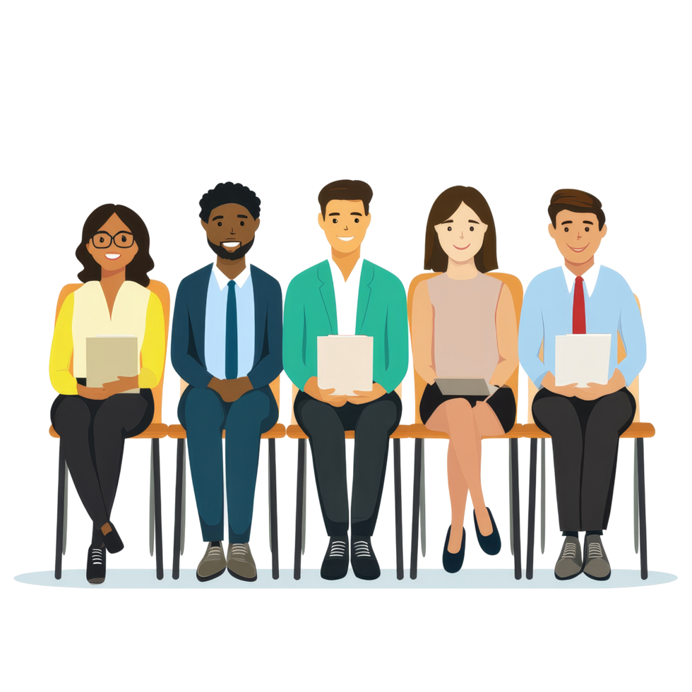 Diverse group of individuals seated and waiting for an interview in a modern office setting, file no background Diverse people waiting for a job interview png