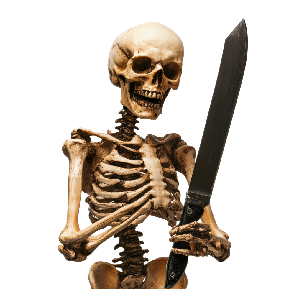 A scary human skeleton holding a knife against a plain transparent background, Scary Human Skeleton with Knife transparent background png