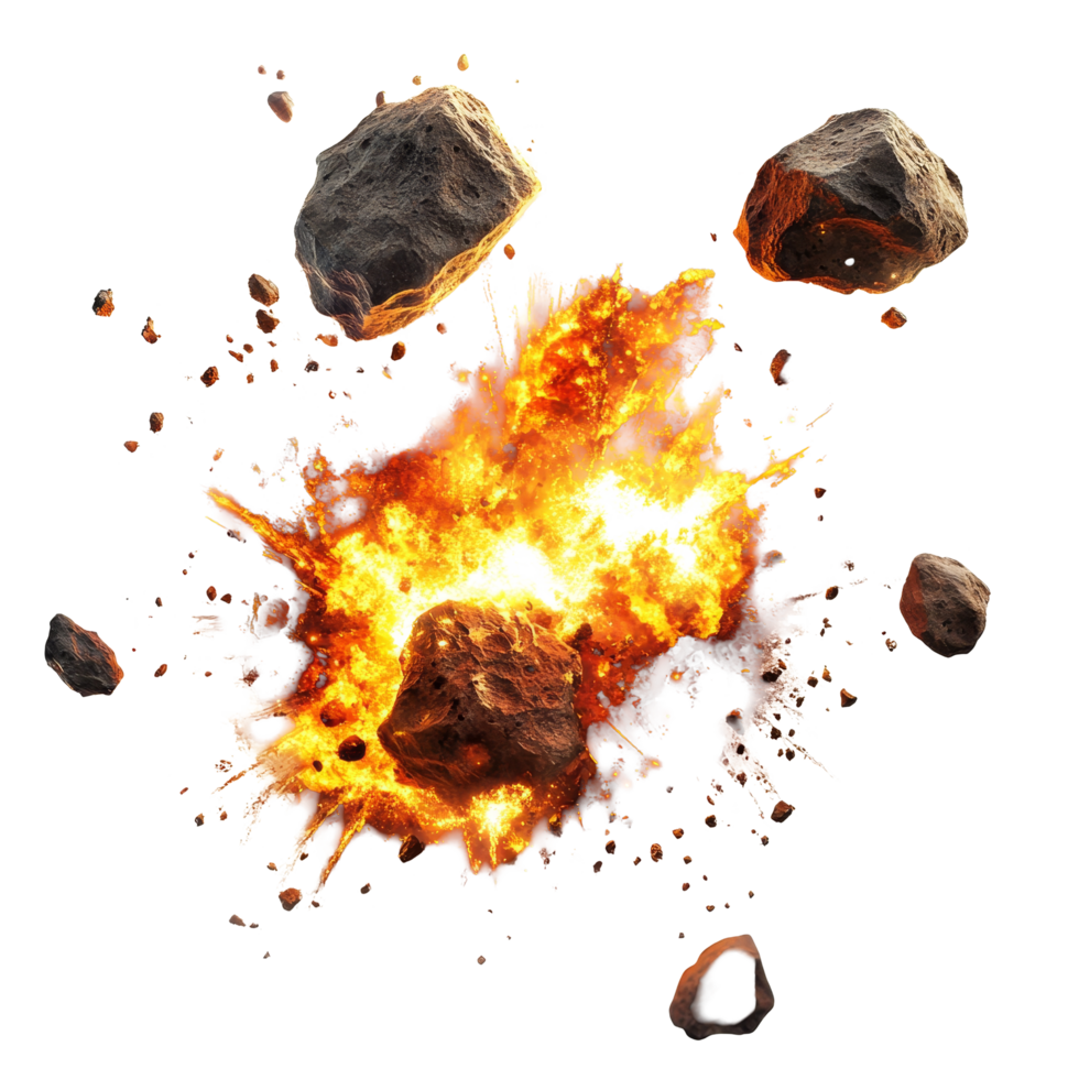 Fiery explosions from colliding asteroids create a dramatic cosmic spectacle, Asteroids Colliding with Fiery Explosions transparent background png